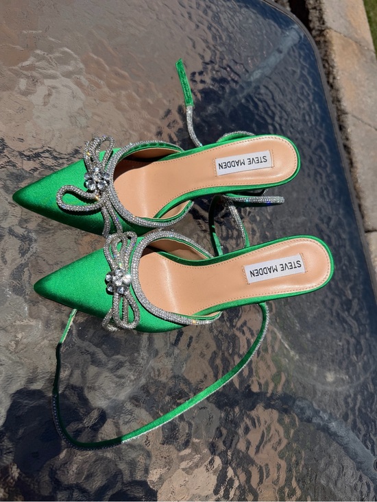 Steve Madden Shoes - Steve Madden Emerald Green Satin Pointed Mules with Crystal Bow